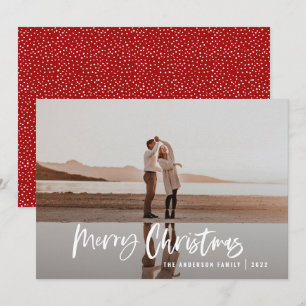 Modern minimal 1 photo red script Christmas Holiday Card
