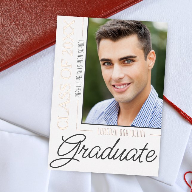 Modern Minimal 1 Photo Rose Gold Graduation Foil Invitation (Mondern Elegant Minimal Rose Gold Foil Graduation Announcement Invitation)