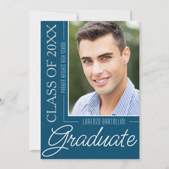 Modern Minimal 1 Photo Teal Aqua Graduation Party Invitation (Front)