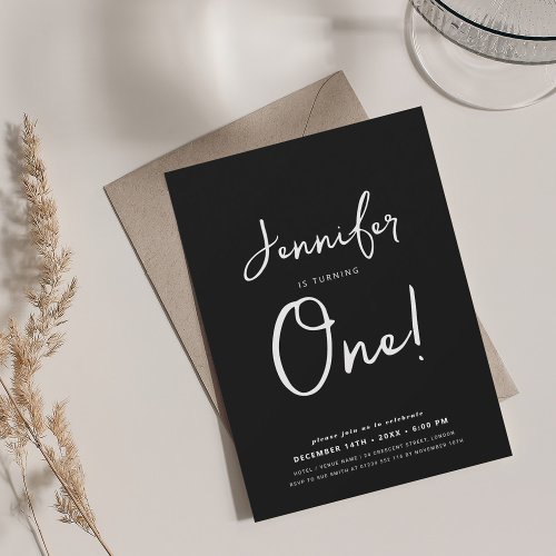 Modern Minimal 1st Birthday Script Black  Invitation