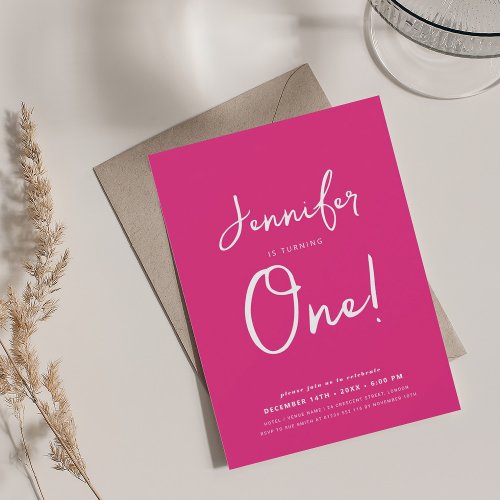 Modern Minimal 1st Birthday Script Hot Pink  Invitation