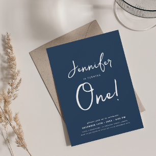Modern Minimal 1st Birthday Script Navy Blue Invitation