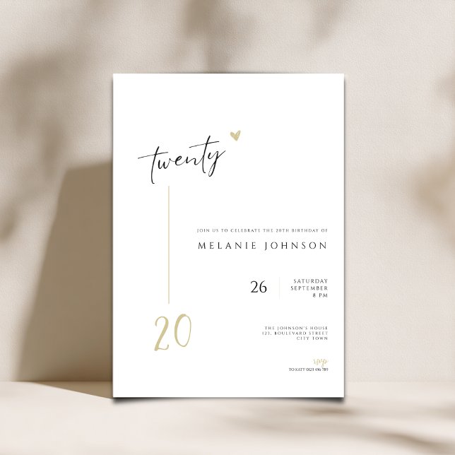 Modern Minimal 20th Birthday Party Invitation (Minimal Modern 20th birthday invitation with handwritten typography.)