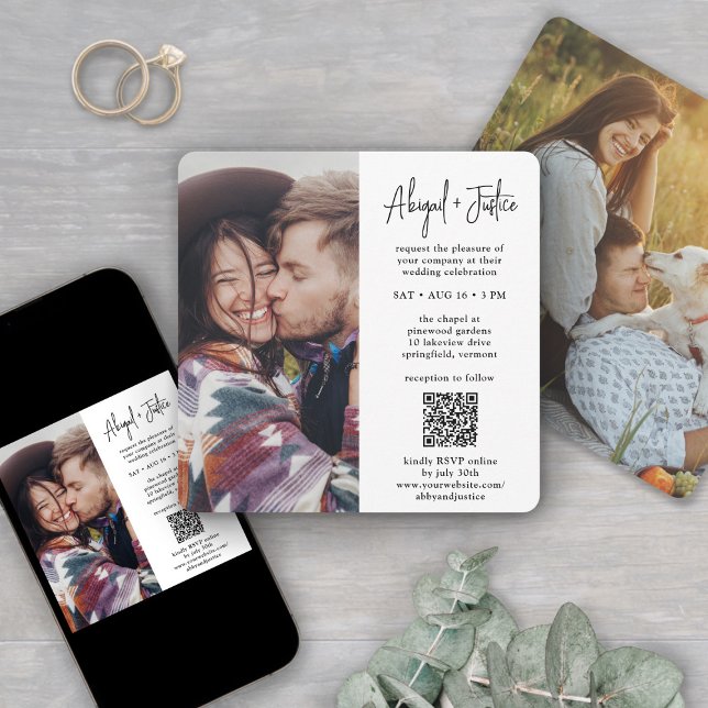 Modern Minimal 2 Photo All-In-One QR RSVP Wedding Invitation (Creator Uploaded)