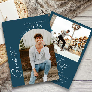 Modern Minimal 2 Photo Navy Blue Graduation Party Invitation