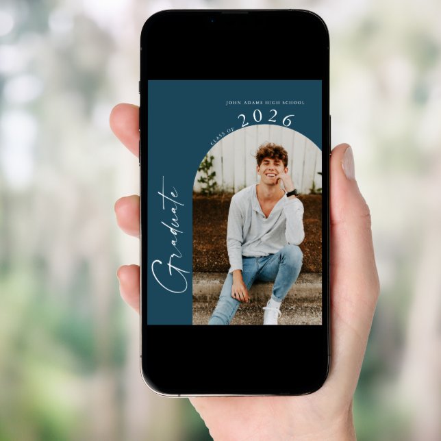 Modern Minimal 2 Photo Navy Blue Graduation Party Invitation (Front Digital)