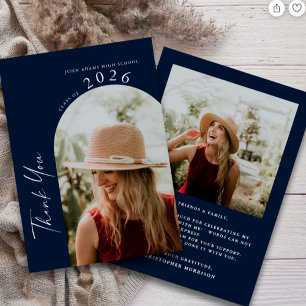 Modern Minimal 2 Photo Script Navy Blue Graduation Thank You Card