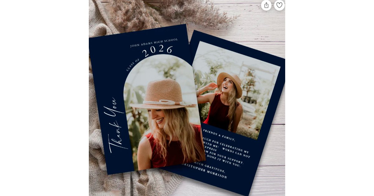 Modern Minimal 2 Photo Script Navy Blue Graduation Thank You Card | Zazzle