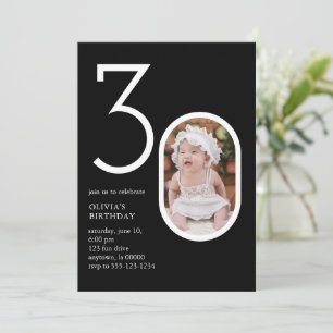 Modern Minimal 30th Birthday Party Chic Black Invitation