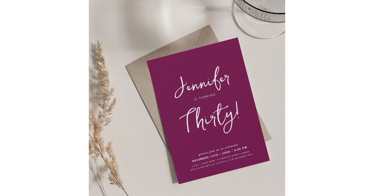Modern Minimal 30th Birthday Script Magenta Invitation | Zazzle