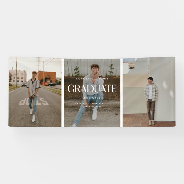 Modern Minimal 3-Photo Graduation Party Congrats Banner (Horizontal)