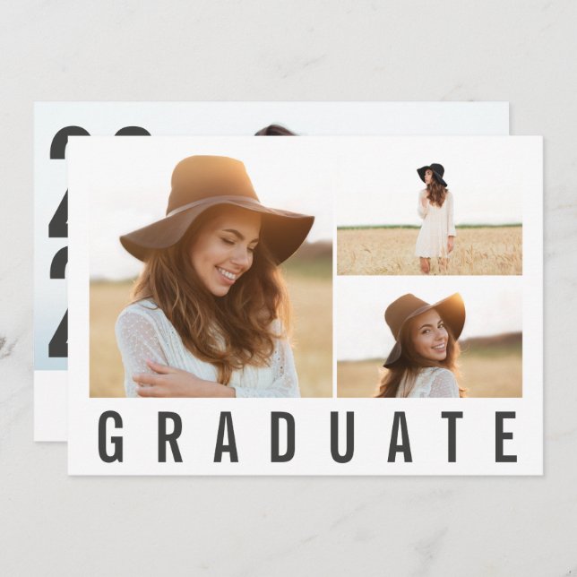 Modern minimal 3 photo graduation simple black announcement (Front/Back)