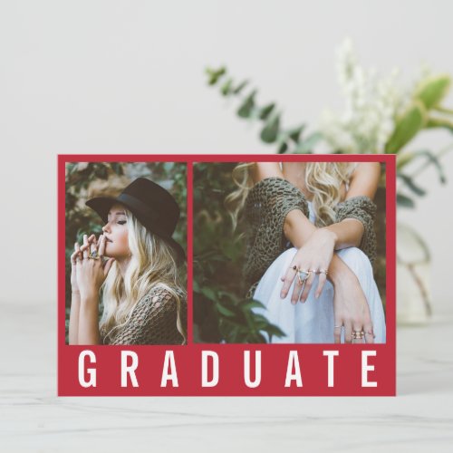 Modern minimal 3 photo graduation simple bold red announcement