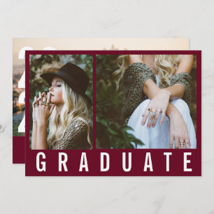 Modern minimal 3 photo graduation simple burgundy announcement