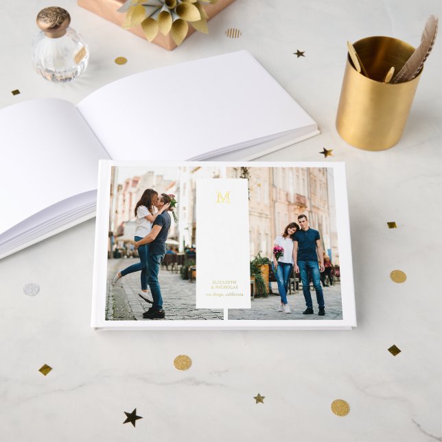 Modern Minimal | 3 Photo Monogram Wedding Foil Guest Book (Front Open)