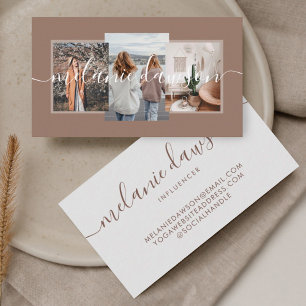 Modern Minimal 3 Photo Social Influencer Brown Business Card