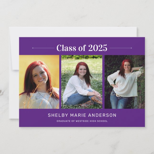 Modern Minimal 3 Photos Purple Graduation Invitation (Front)