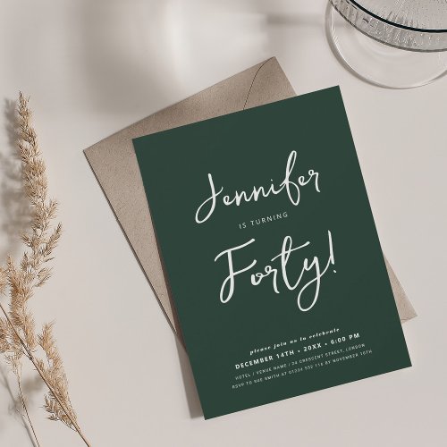 Modern Minimal 40th Birthday Script Emerald  Invitation