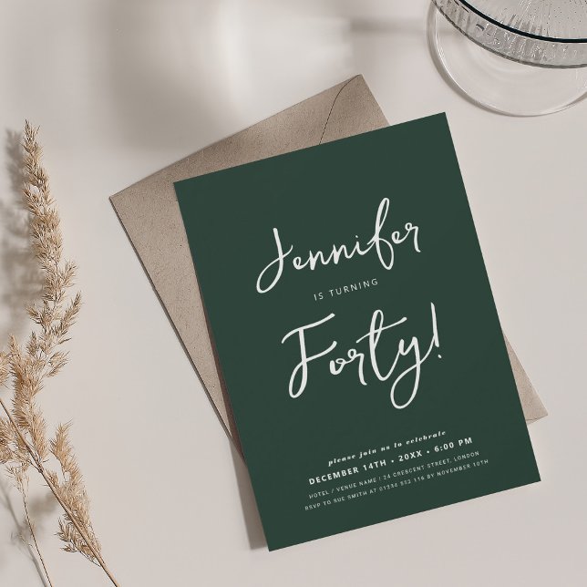 Modern Minimal 40th Birthday Script Emerald  Invitation (Modern Minimal 40th Birthday Script Emerald Invitation)