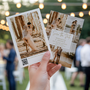 Modern Minimal 4-Photo Gold QR Wedding Save The Date