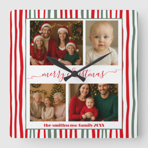 Modern Minimal 4 Photo merry Christmas Square Wall Clock