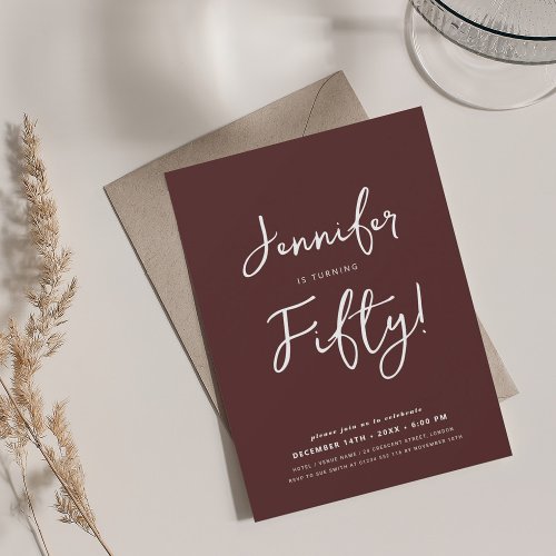 Modern Minimal 50th Birthday Script Burgundy  Invitation