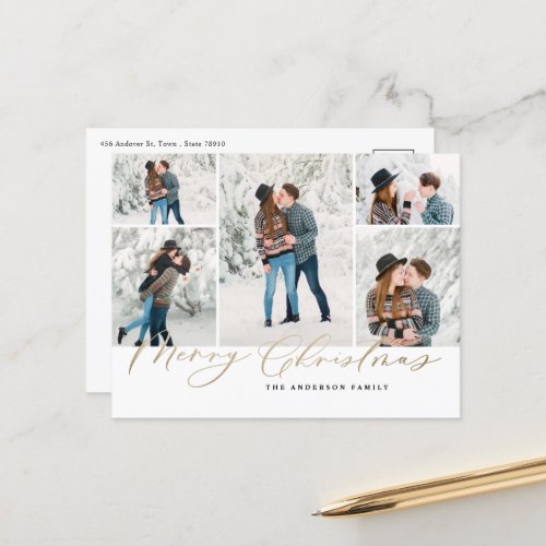 Modern minimal 5 photo Christmas elegant script Holiday Postcard