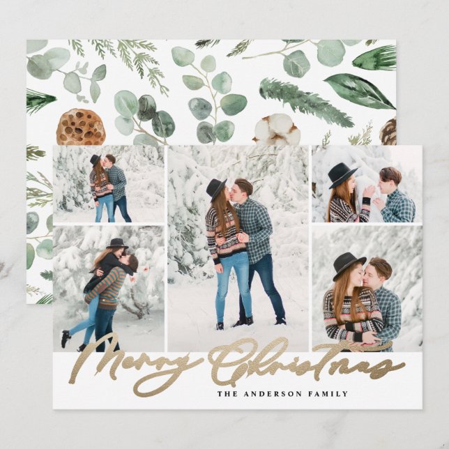 Modern minimal 5 photo christmas script family holiday card (Front/Back)