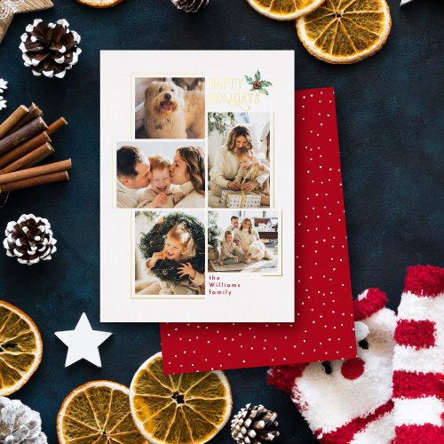 Modern Minimal 5 Photo Collage Christmas Foil Holiday Card