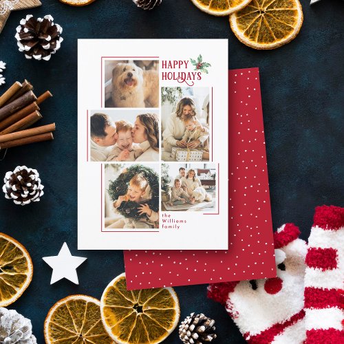 Modern Minimal 5 Photo Collage Christmas Holiday Card