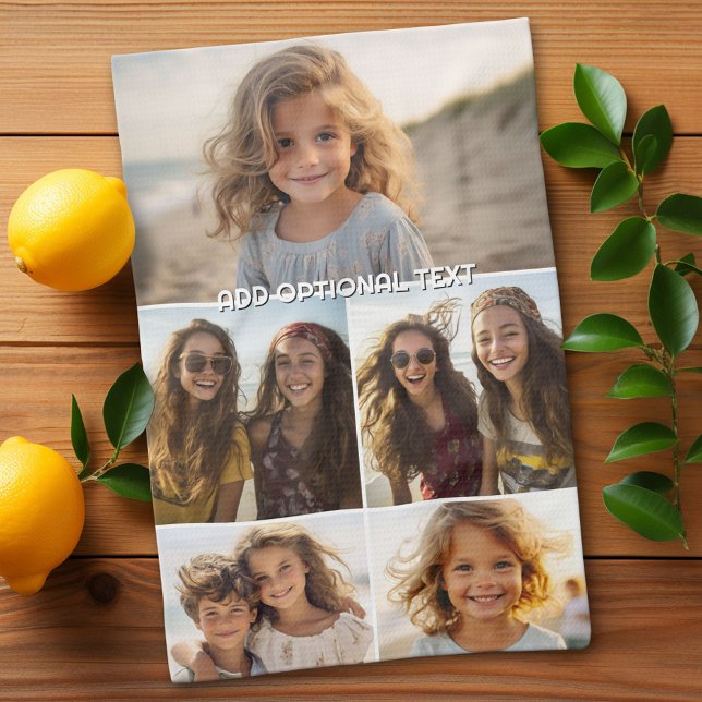 Modern Minimal 5 Photo Collage with Text Kitchen Towel (Custom Kitchen Towel with Photo Collage)