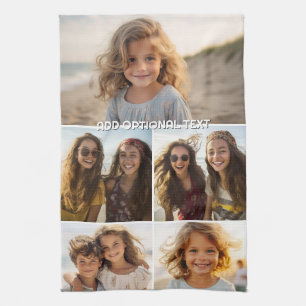 Modern Minimal 5 Photo Collage with Text Kitchen Towel