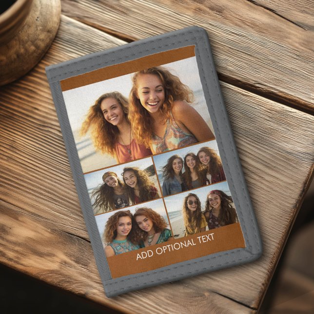 Modern Minimal 5 Photo Collage with Text Trifold Wallet (Custom Photo Collage on a Tri-Fold Wallet)