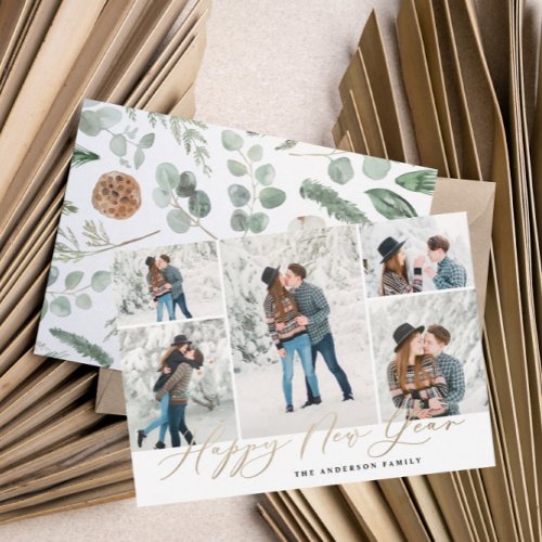 Modern minimal 5 photo new year script family  holiday card