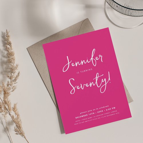 Modern Minimal 70th Birthday Script Hot Pink  Invitation