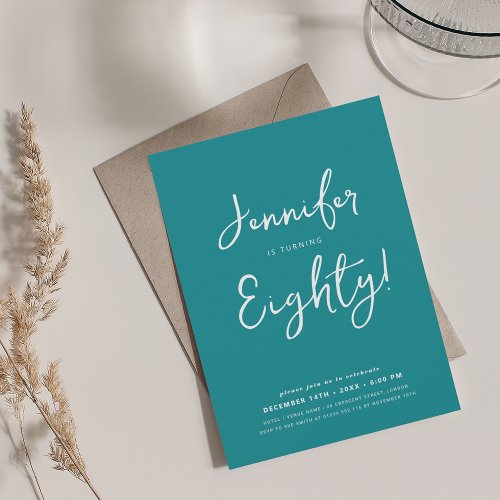 Modern Minimal 80th Birthday Script Turquoise  Invitation