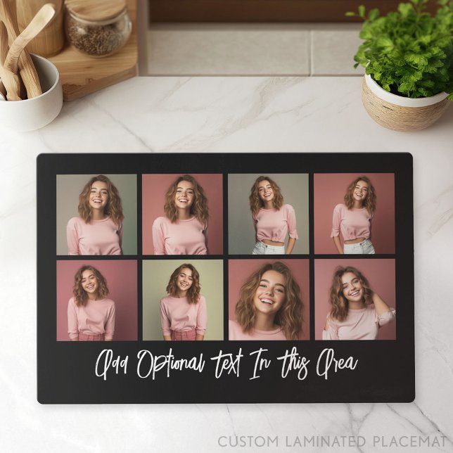 Modern Minimal 8 Photo Grid Collage - Black Placemat (Custom Photo Gallery on a Placemat)