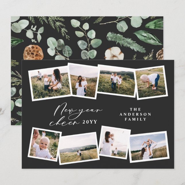 Modern minimal 8 photo new year black family holiday card (Front/Back)