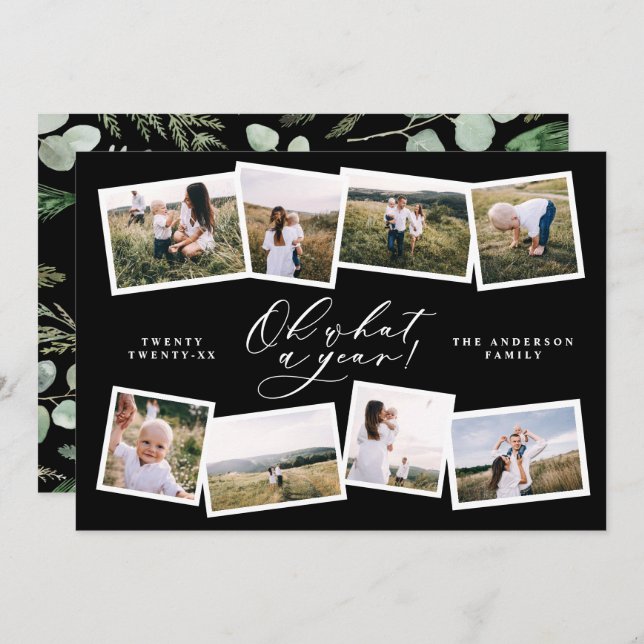 Modern minimal 8 photo new year black family holiday card (Front/Back)