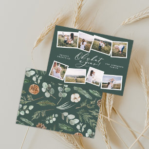 Modern minimal 8 photo new year green family holiday card