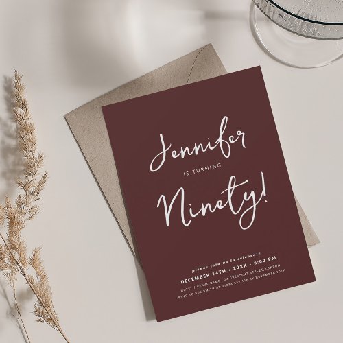 Modern Minimal 90th Birthday Script Burgundy  Invitation