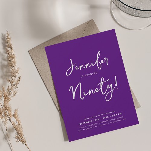 Modern Minimal 90th Birthday Script Purple  Invitation