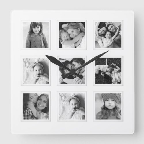 Modern Minimal 9 Grid Matboard Black  White Photo Square Wall Clock