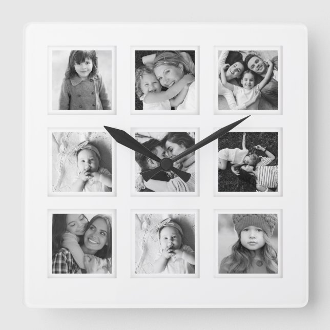Modern Minimal 9 Grid Matboard Black & White Photo Square Wall Clock (Front)