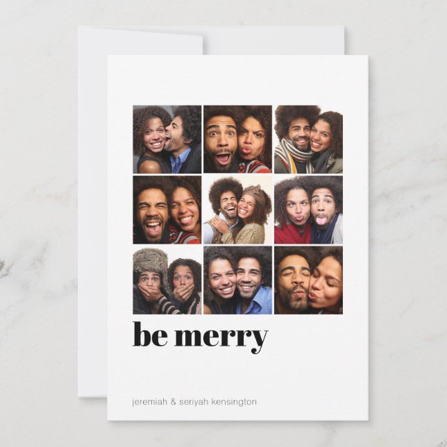 Modern Minimal 9 Photo Be Merry Holiday Photo Card (Front)
