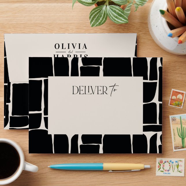 Modern minimal abstract black cream wedding envelope (Desk)