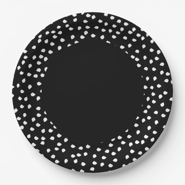 Modern Minimal Abstract Polka Dot Black and White Paper Plates (Front)