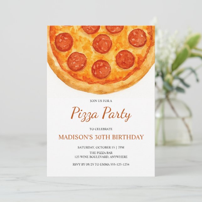 Modern Minimal Adult Birthday Pizza Party Invitation (Standing Front)