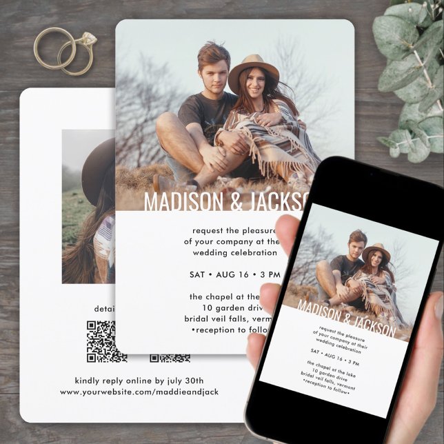 Modern Minimal All-In-One QR RSVP 2 Photo Wedding Invitation (Creator Uploaded)