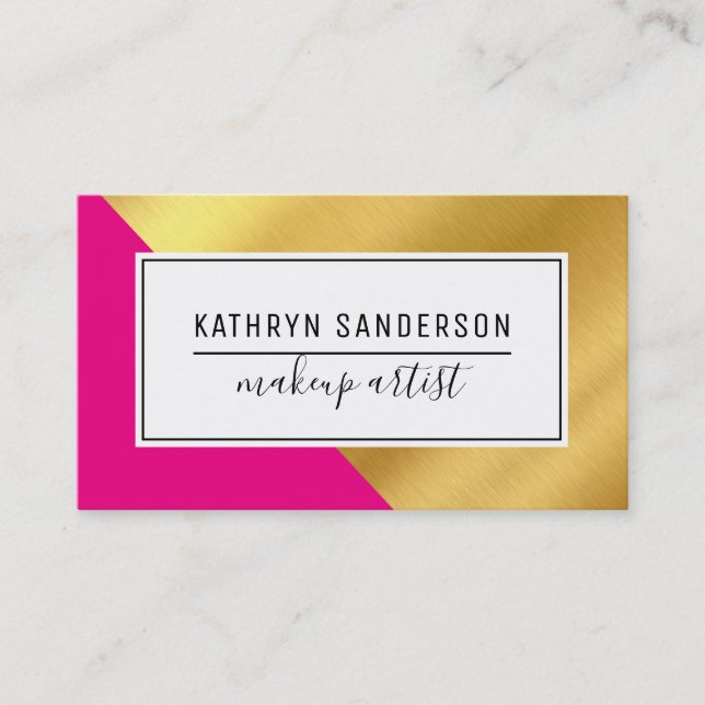 MODERN MINIMAL ANGLE gold corner hot pink Business Card (Front)